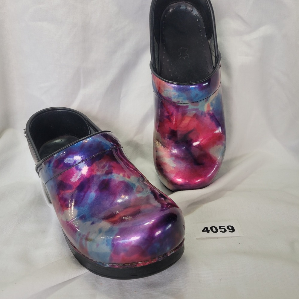 Dansko Patent Leather Tie Dye Clogs Mules Shoes Multi Color Size 37 / 6.5W